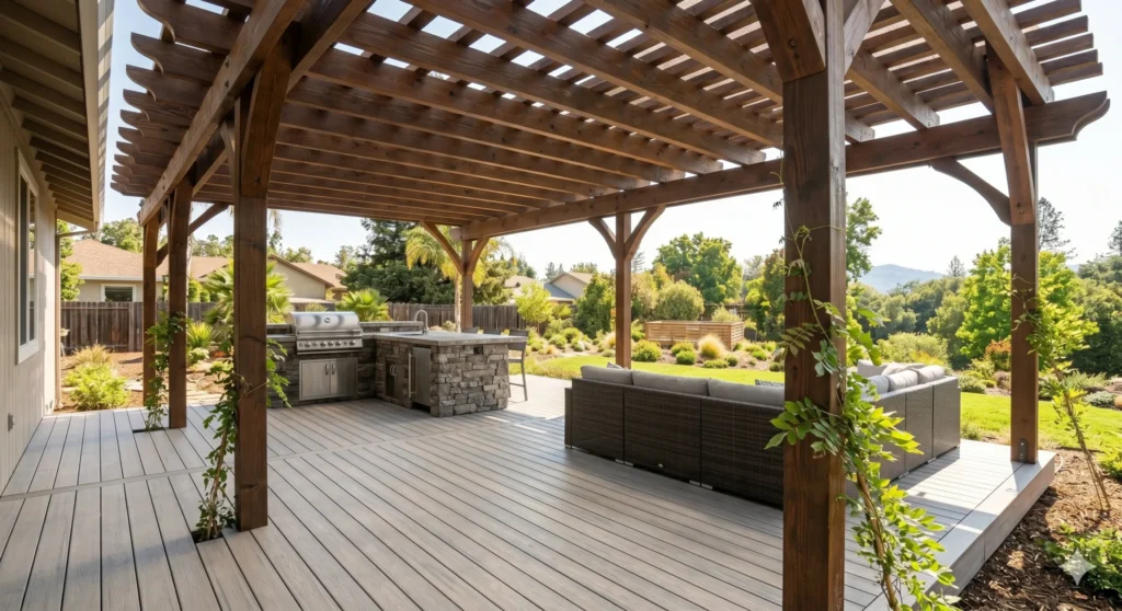 A photograph of a spacious attached composite deck (light gray) that is completely covered by a large, professionally built wooden pergola with integrated dark timber beams. Below the shade, a complete outdoor kitchen and seating area are positioned, looking out toward a sun-drenched, landscaped backyard and distant hills, highlighting the deep relief from the heat.