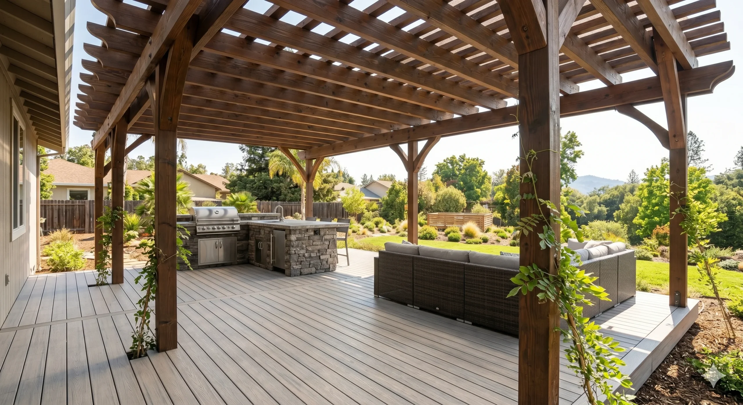 A photograph of a spacious attached composite deck (light gray) that is completely covered by a large, professionally built wooden pergola with integrated dark timber beams. Below the shade, a complete outdoor kitchen and seating area are positioned, looking out toward a sun-drenched, landscaped backyard and distant hills, highlighting the deep relief from the heat.