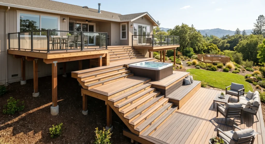 A photograph showcasing an expansive, multi-level tiered wooden and composite deck built complexly onto a hillside, with distinct levels connected by cascading stairs, featuring a hot tub and glass railings overlooking a manicured garden.
