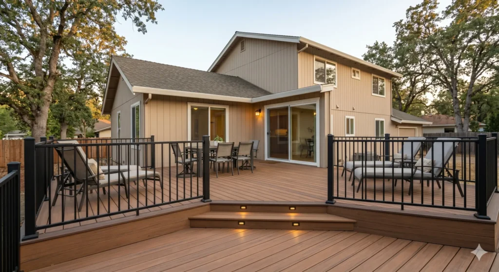 A detailed photograph of a beautiful, warm brown composite residential deck attached to a suburban home in Redding, California, featuring black metal railings, integrated stair lighting, and patio furniture under a clear sky.