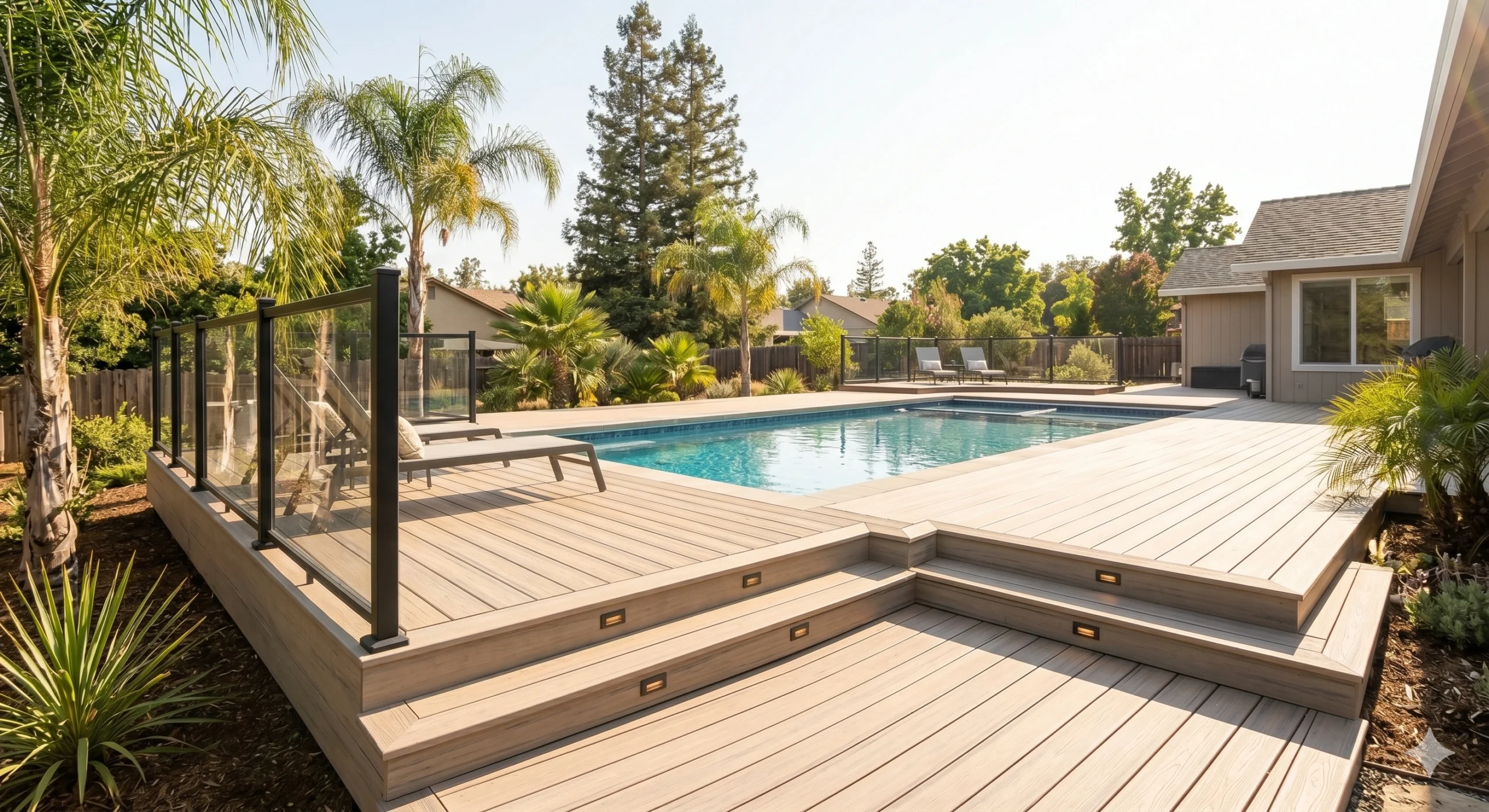 A vibrant photograph capturing a specialized luxurious custom-built composite wooden deck flush mounted as a seamless surround for a sparkling inground swimming pool, featuring integrated lit step risers and sleek glass panel railings in a residential backyard.