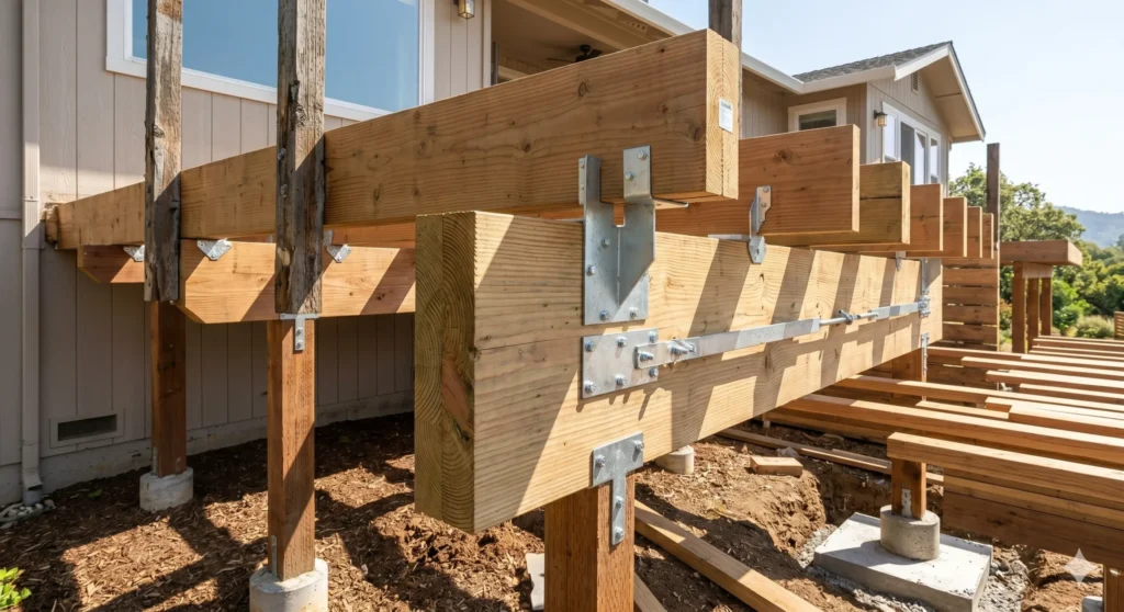 A detailed close-up photograph capturing a substantial structural repair and rebuild process on an elevated residential deck subframe in Redding, CA. The view focuses on newly installed, massive pressure-treated glulam beams and joists reinforced with complex heavy-duty galvanized steel hangers and hurricane ties gleaming in the sun, contrasting with older posts. The ground shows excavated footings, showcasing precise, complex engineering mid-build.
