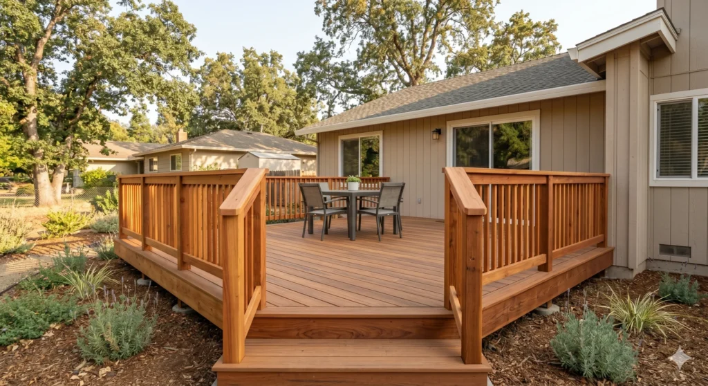 A photograph of a traditional attached residential deck built entirely of rich, natural Californian Redwood, featuring classic wooden posts, handrails, and balusters. It is set against a ranch-style home under the bright Redding sun, surrounded by drought-tolerant landscaping and mature oak trees.