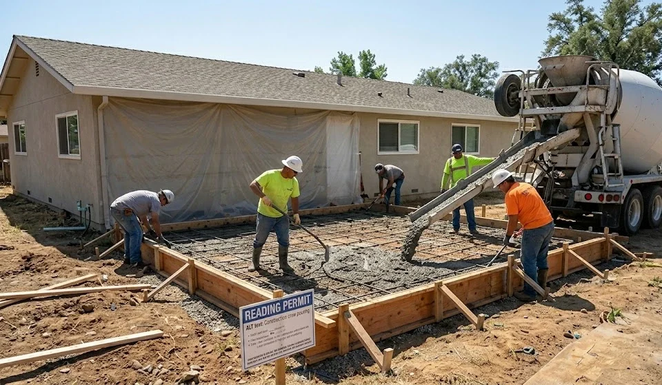 A construction crew pours and levels fresh concrete from a cement truck boom into a wooden formwork layout for a ground-level room addition.
