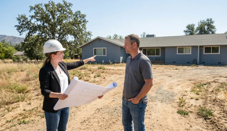 A female project manager in a white hard hat holds blueprints while discussing a home addition layout with a male homeowner on a dry, grassy lot in Redding, California.