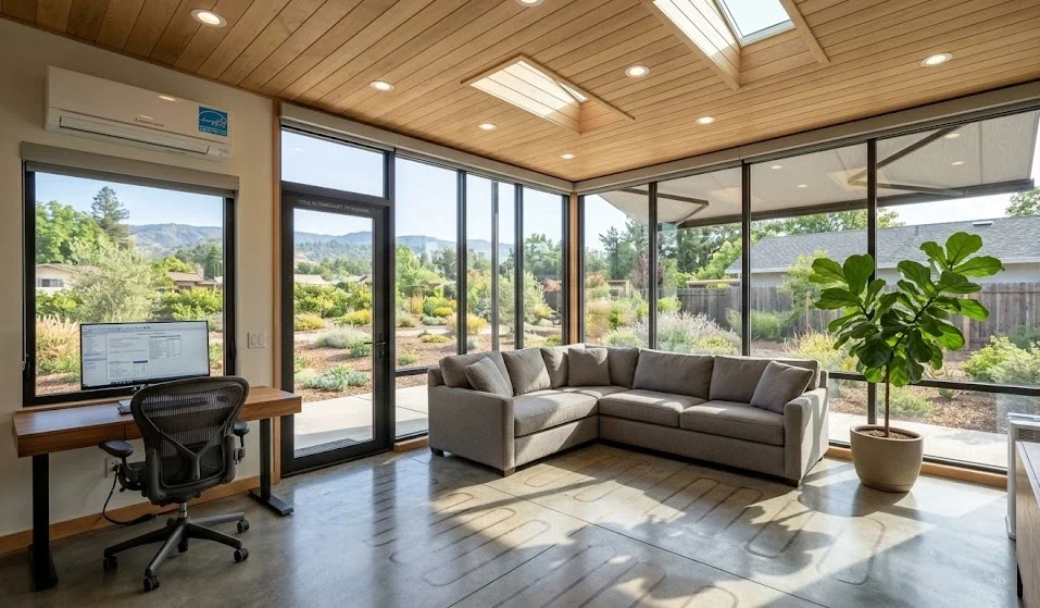 Interior view of a bright, modern four-season sunroom featuring large energy-efficient windows, a skylight, a sectional sofa, a home office desk, and a ductless mini-split HVAC unit.