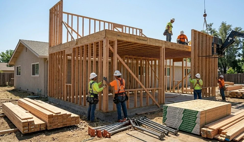 Construction workers install wooden wall studs and floor joists for a vertical second-story home addition under a clear blue sky.