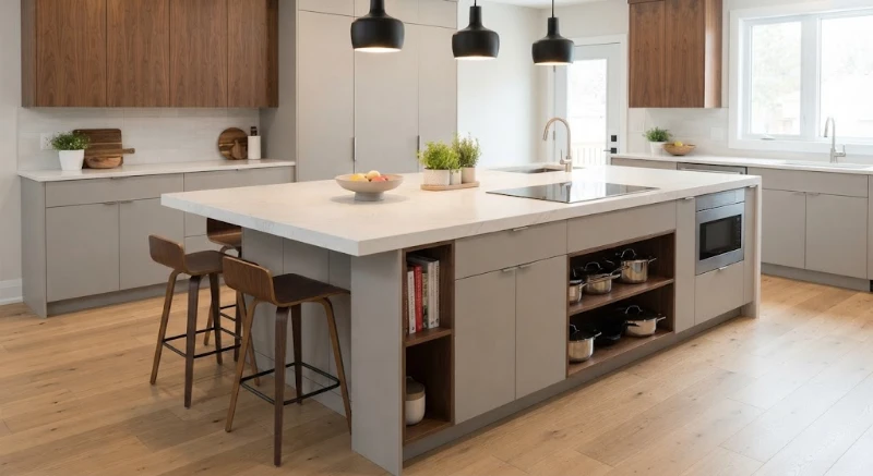 Large functional kitchen island with built-in storage and seating