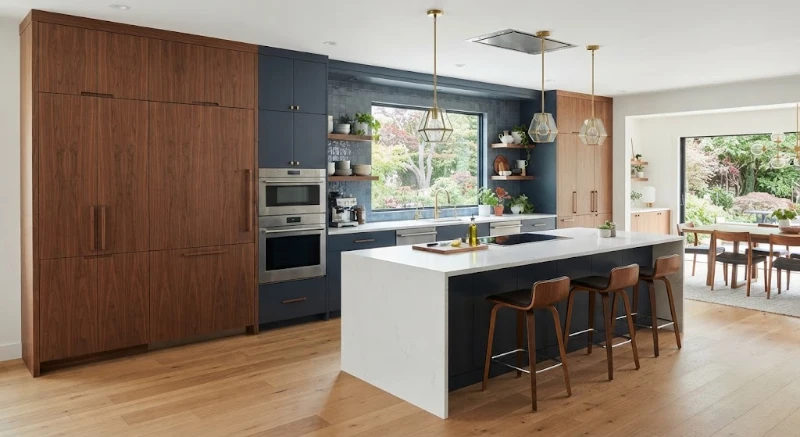 Modern mixed-wood floor-to-ceiling kitchen cabinetry