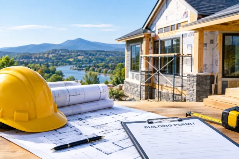 Redding home remodeling project with building plans, hard hat, construction tools, and a house under renovation in a scenic California setting.