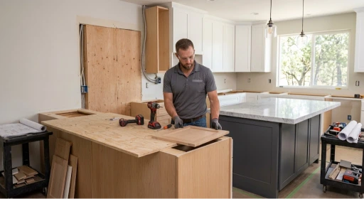 A male contractor in a gray work shirt and safety glasses installing a cabinet door during a kitchen remodel, surrounded by unfinished wooden cabinetry, tools, a marble island, and blueprinted plans on a utility cart.